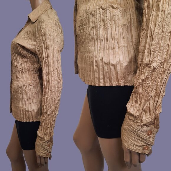 Vintage 90s Y2K Crinkle Blouse Deadstock With Tag Size L Beige Gold Wide Collar - Picture 2 of 6